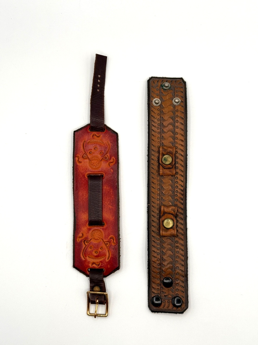 Lot of 2 Vintage Handmade Tooled Leather Wrist Cuff Bracelets Western